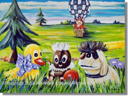 Schnatterinchen, Pittiplatsch und Moppi mit Sandmann im Ballon
